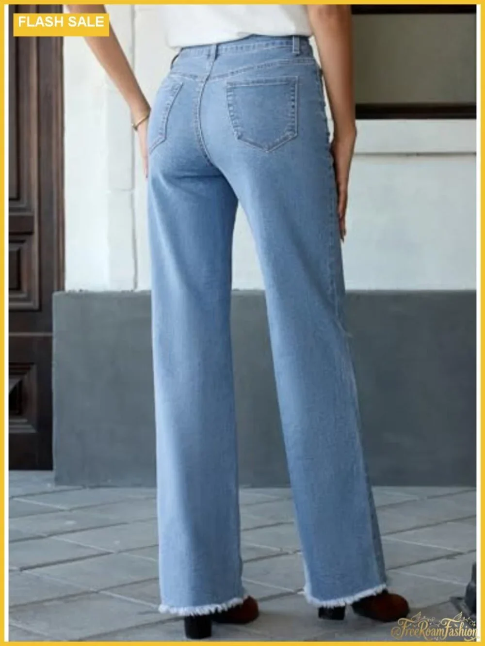 High Waisted Wide Leg Stretchy Jeans with Button Fly and Raw Hem